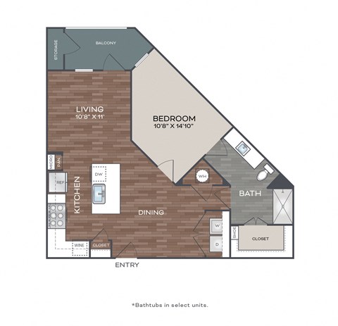 Floor plan for 1 bed, 1 bath, 782 sqft